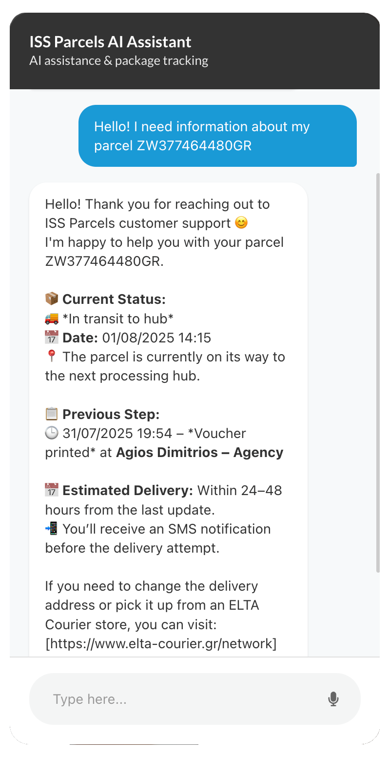 ISS chatbot example response showing instant tracking update